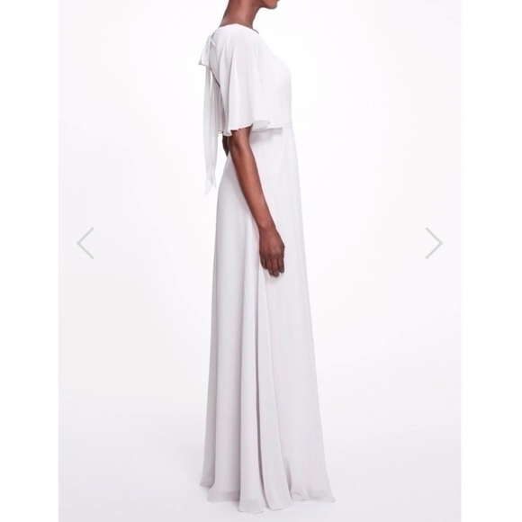 Marchesa Notte Bridesmaids Draped-Sleeve Rear-Cutout Gown Grey - Picture 3 of 16